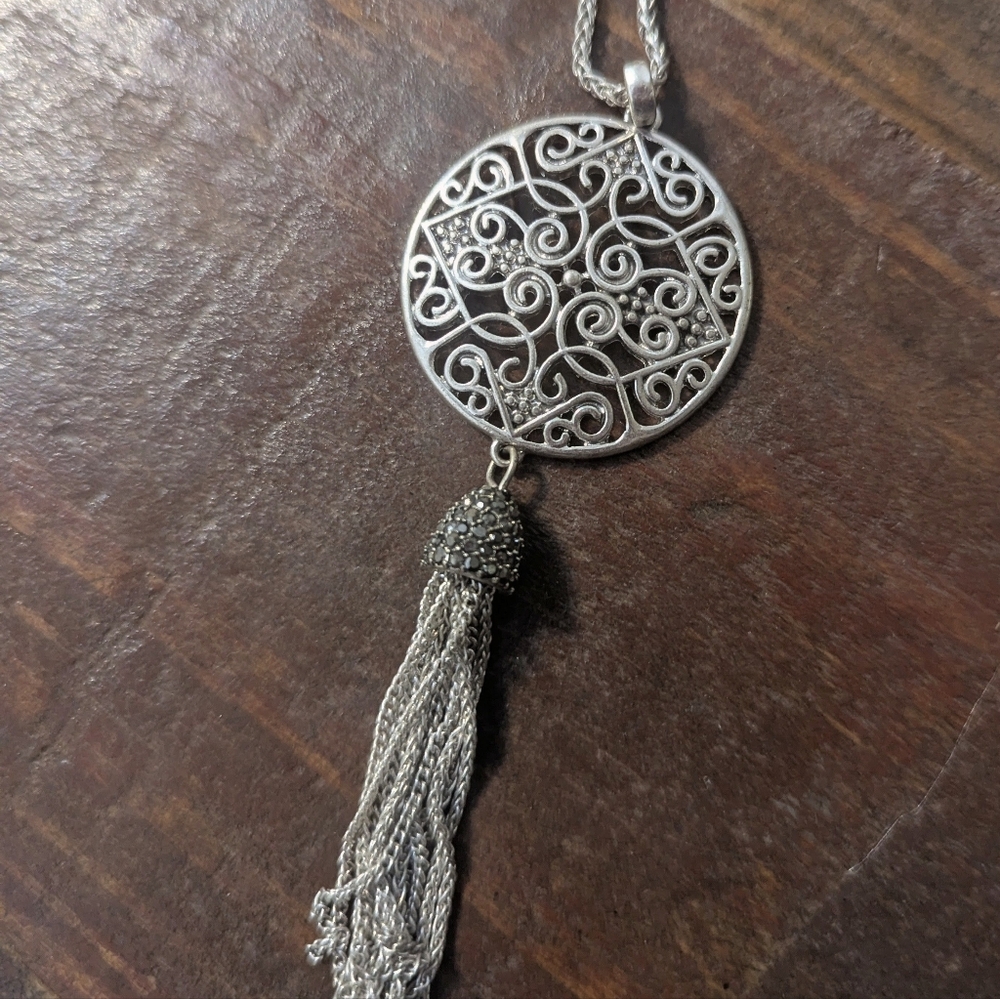 Filigree Medallion Long Necklace, Tassel And Crystals On Bottom